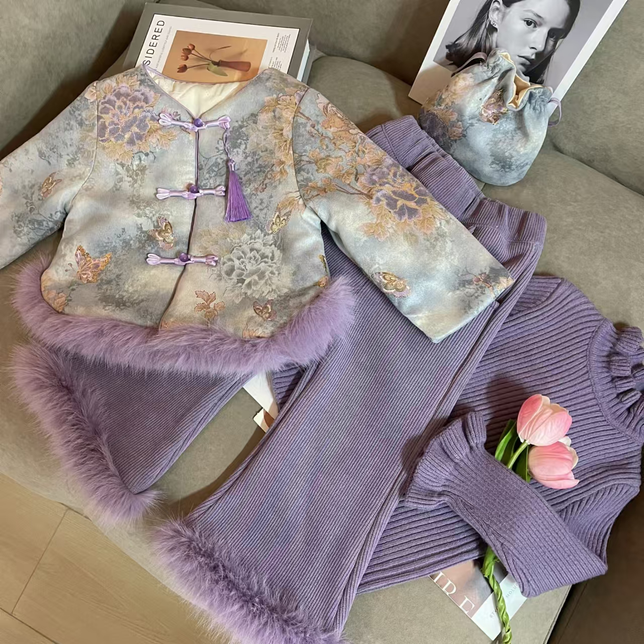 女童复古拼接领蝴蝶结夹棉马甲百褶裙冬季新款加厚保暖套装