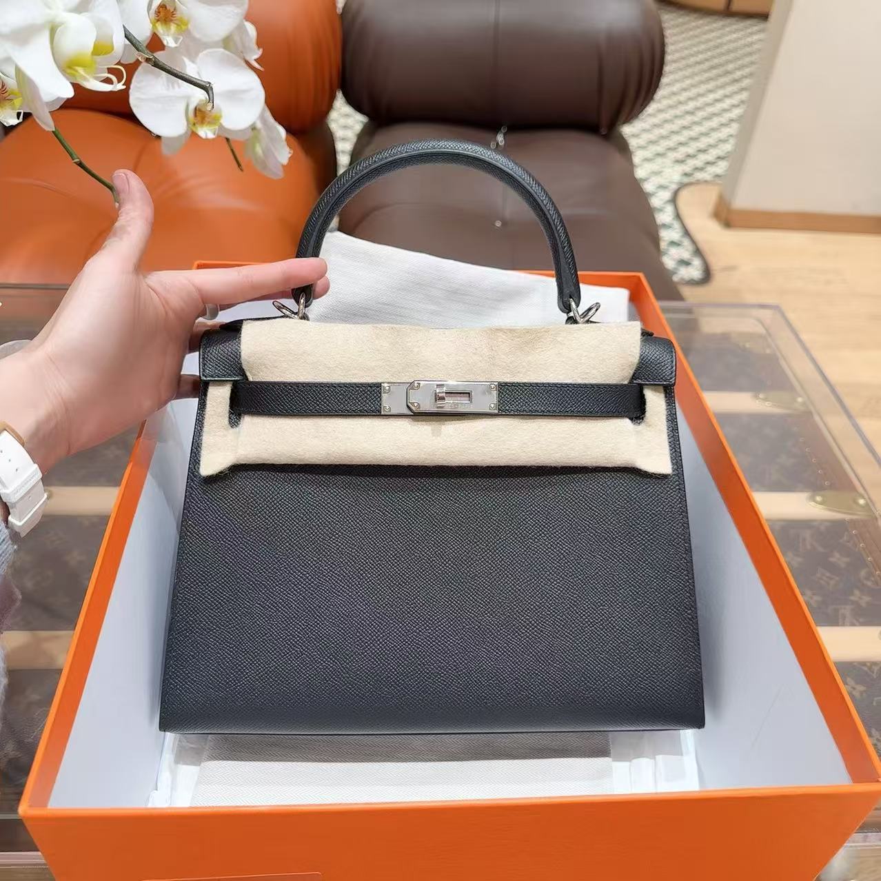 全新未使用 Hermes/爱马仕 【定金链接不发货】Kelly28 黑银 E皮W刻