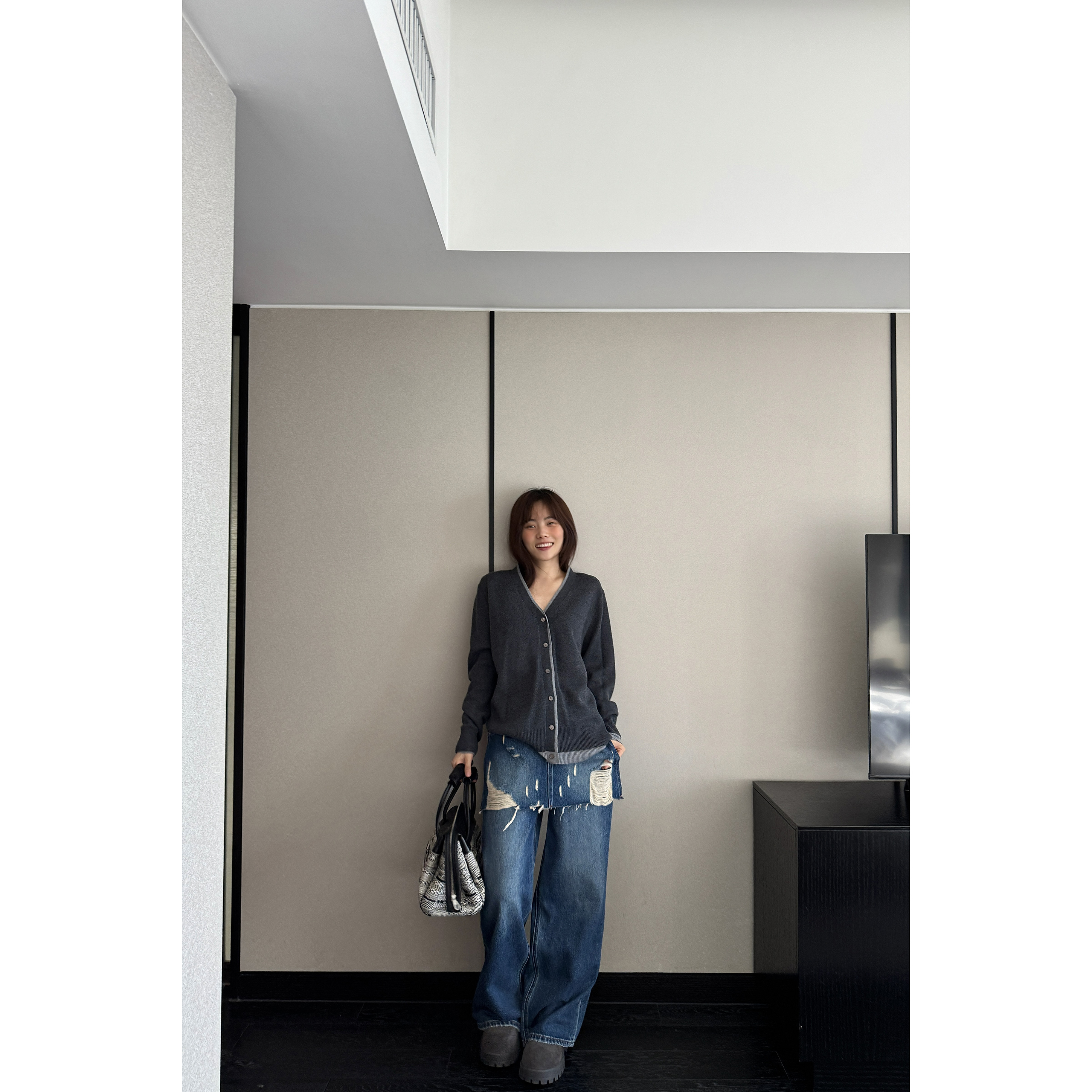 JINGDL【破碎】100%棉美式街头风直筒可脱卸破洞裙帘高腰牛仔裤