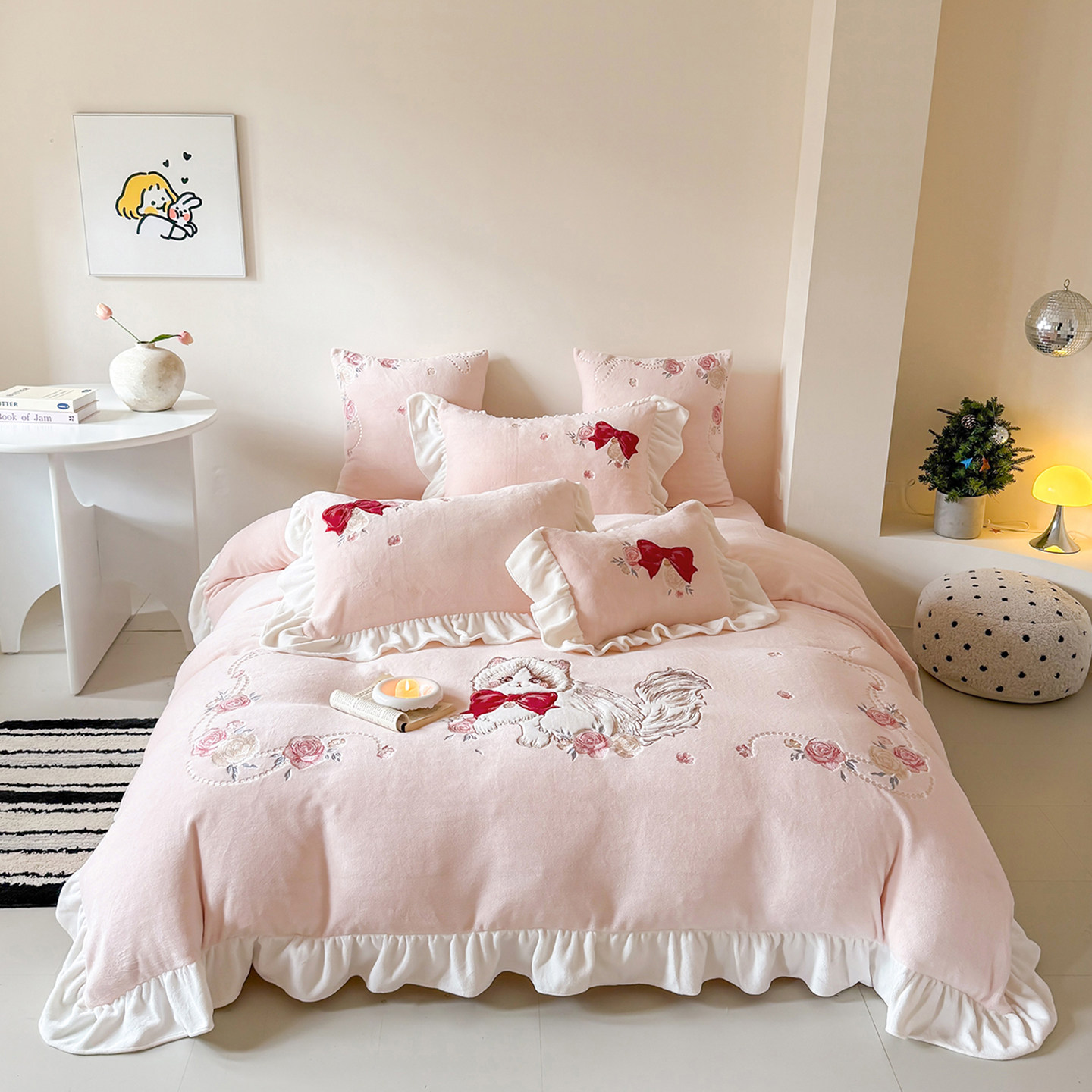 布偶猫 少女心冬季加厚牛奶绒四件套 卡通公主风被套粉色女孩床品