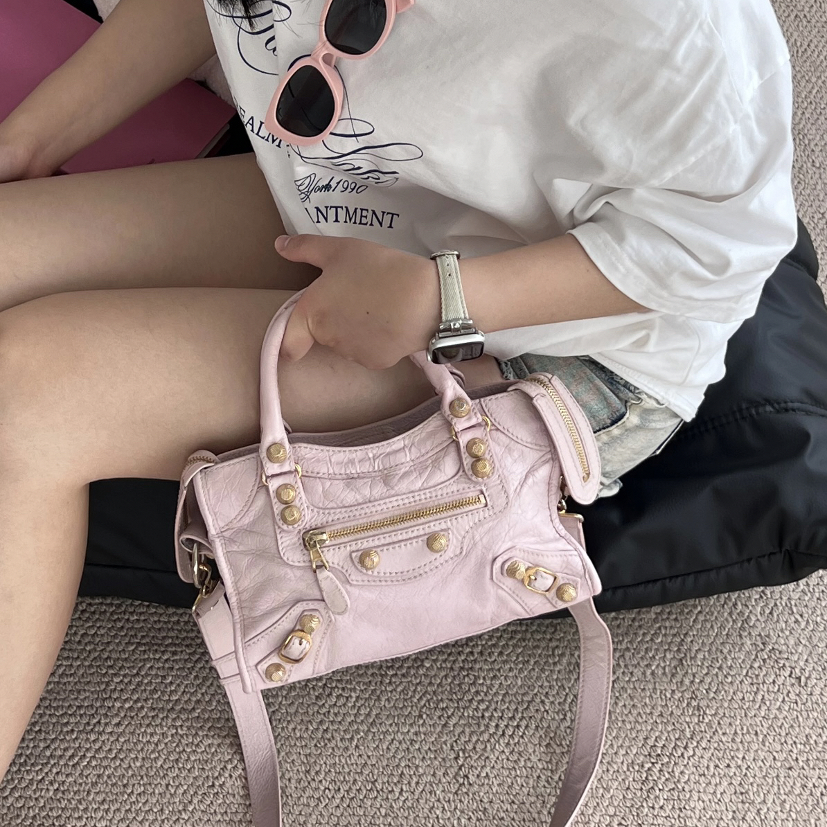 95新 Balenciaga/巴黎世家 大吉中古/荷花粉机车手提斜挎包