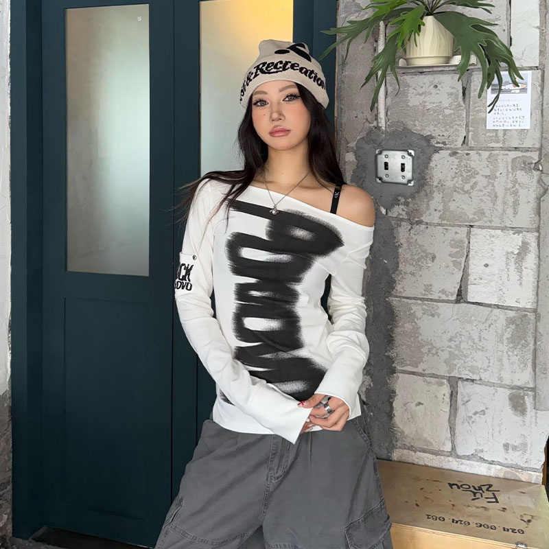 美式辣妹白色圆领长袖t恤女春秋新款设计感独特别致修身显瘦上衣