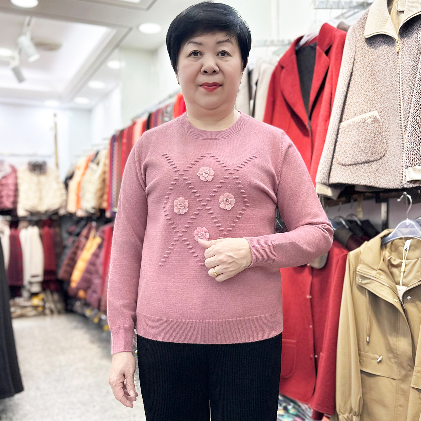 小个子妈妈装洋气毛衣厚款保暖打底针织衫圆领上衣中老年女装绒衫