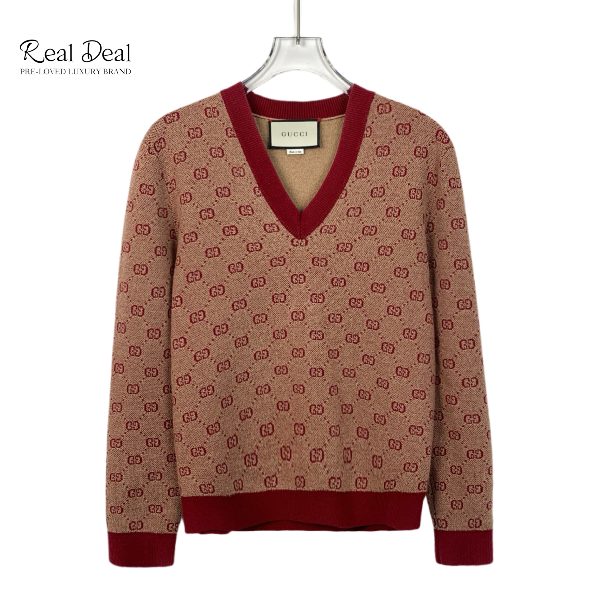 99新 GUCCI/古驰 H12693 红色logo提花满印V领羊毛长袖针织衫