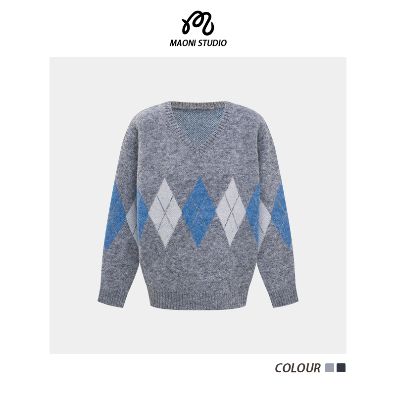 毛妮LADIESFIRST学院风百搭宽松毛衣菱格宽松撞色简约毛衣L2910