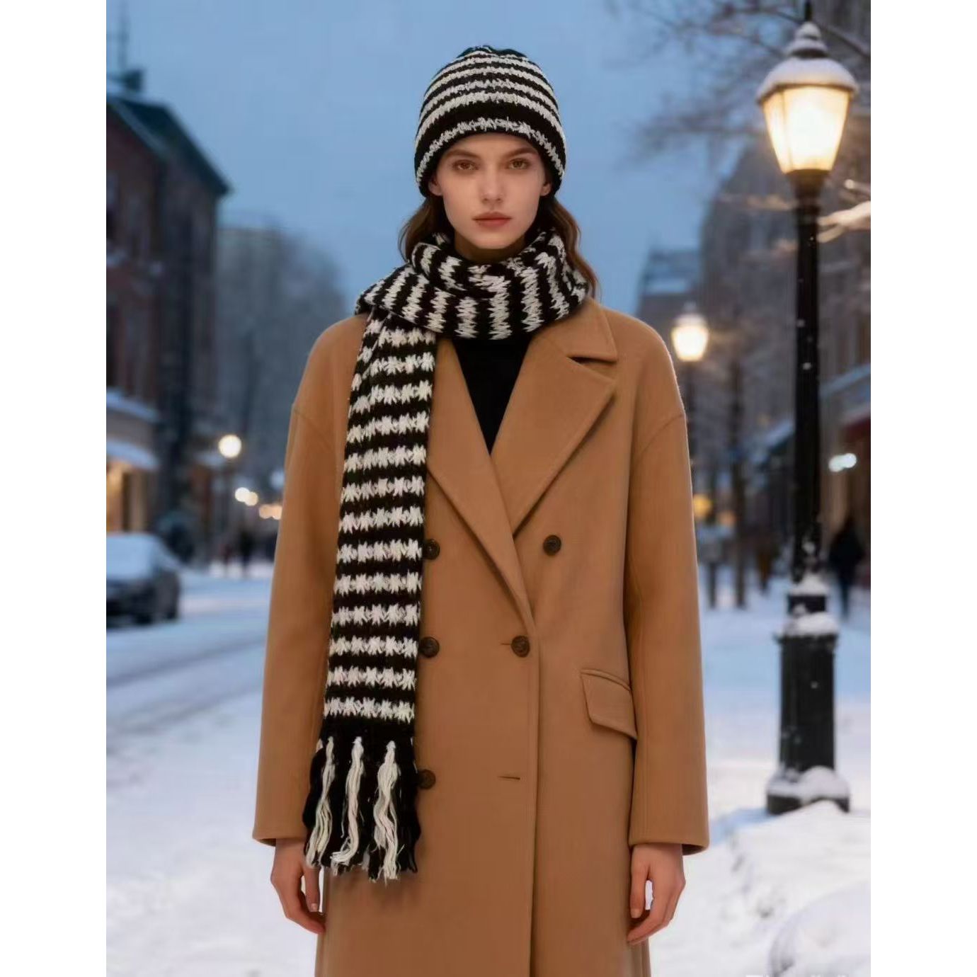 羊毛格子保暖法式帽子围巾两件套斑马条纹披肩黑白条纹63883