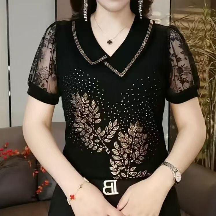 妈妈夏季新款洋气拼接显瘦短袖蕾丝时尚大码T恤气质小衫烫钻上衣