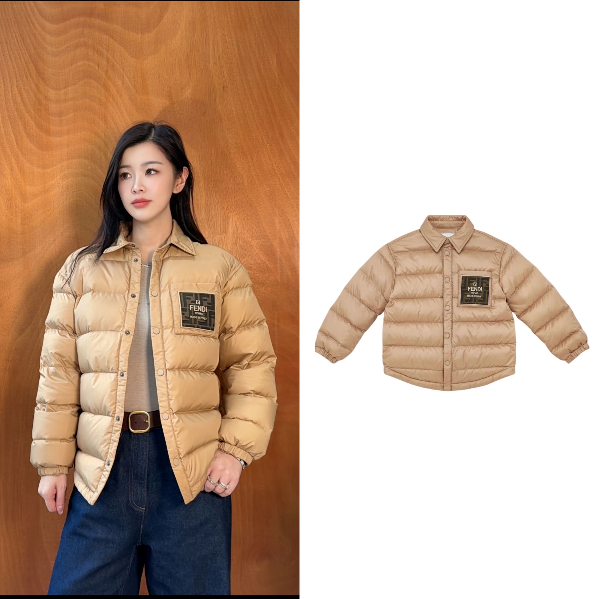 未使用 FENDI/芬迪 Logo徽标翻领单排扣长袖羽绒服 米色