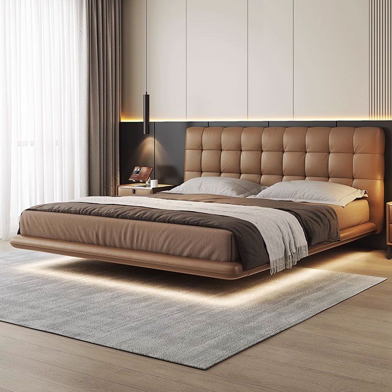 华夫格悬浮床主卧室大床轻奢现代高端大气软包婚床意式极简真皮床