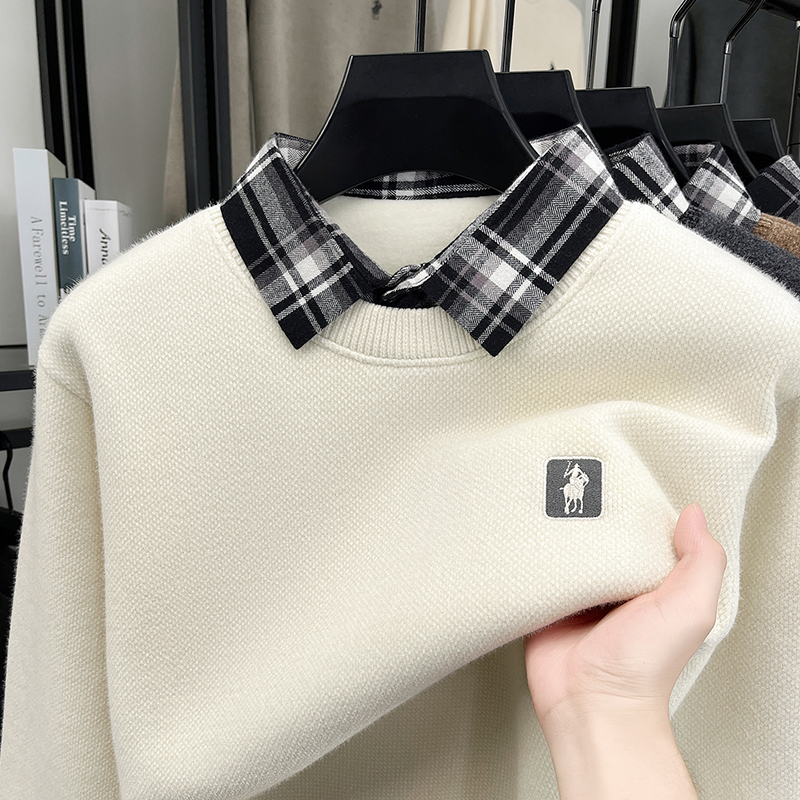 男士假两件衬衫领针织衫格子雪貂绒毛衣保暖休闲加绒加厚打底衫冬