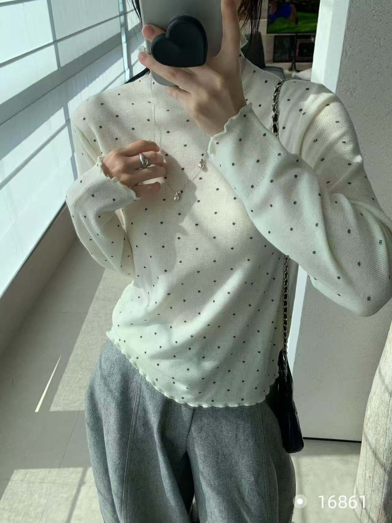 仙女风常规耐磨波点法式明线秋季提花气质百搭针织打底衫B241