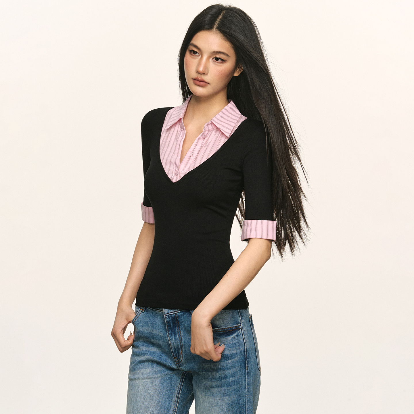 anna aneae假两件中袖上衣女秋粉色拼接格子polo领修身内搭打底衫