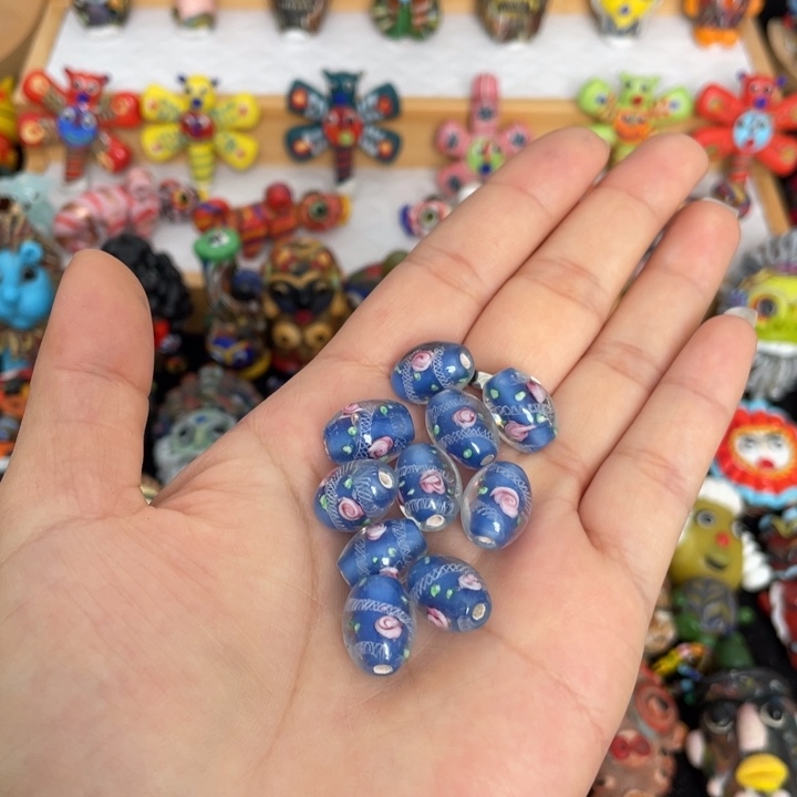 琉璃饰品蓝色花珠1颗