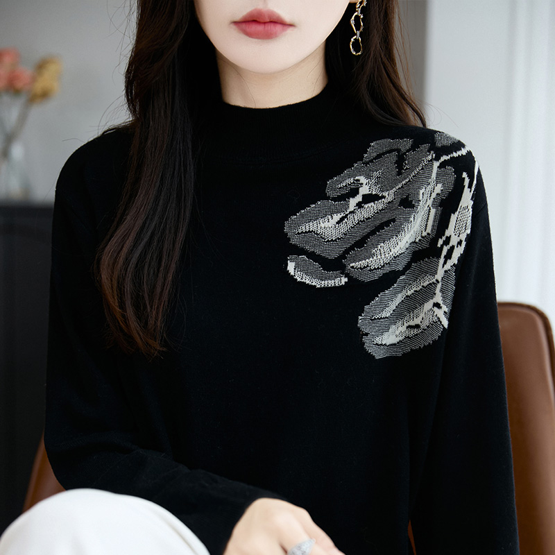 半高领精纺羊毛衫针织毛衣女拼色提花长袖上衣甜美宽松百搭打底衫