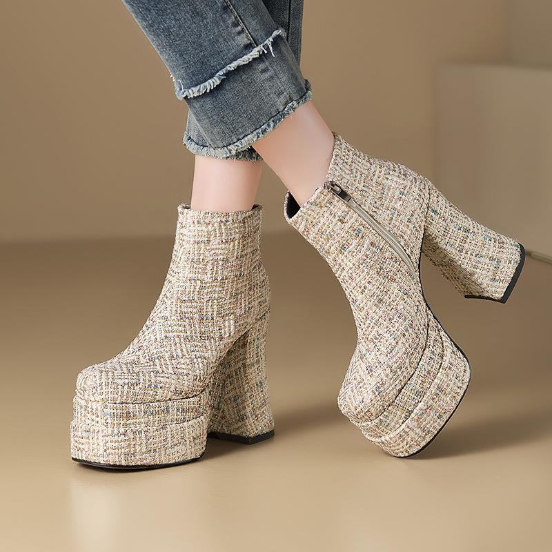 气质！小香风时装靴12.5cm粗跟厚底超高跟短靴走秀旗袍单靴及裸靴