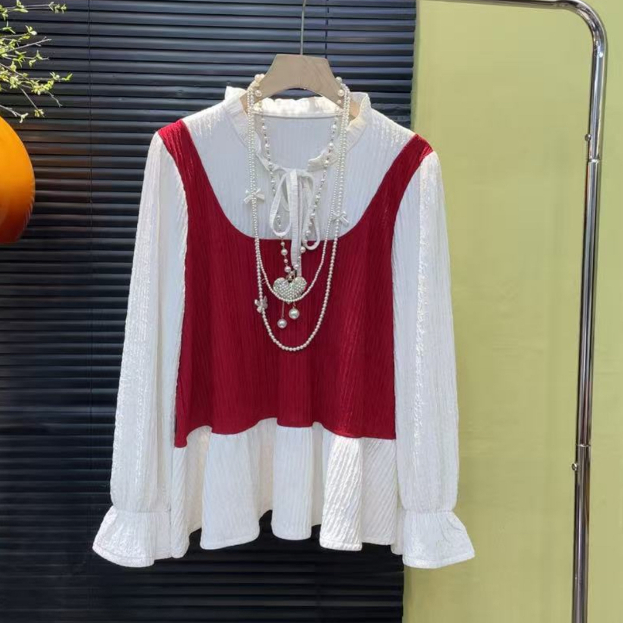 胖胖家*新款假两件拼接蝴蝶结收腰显瘦衫