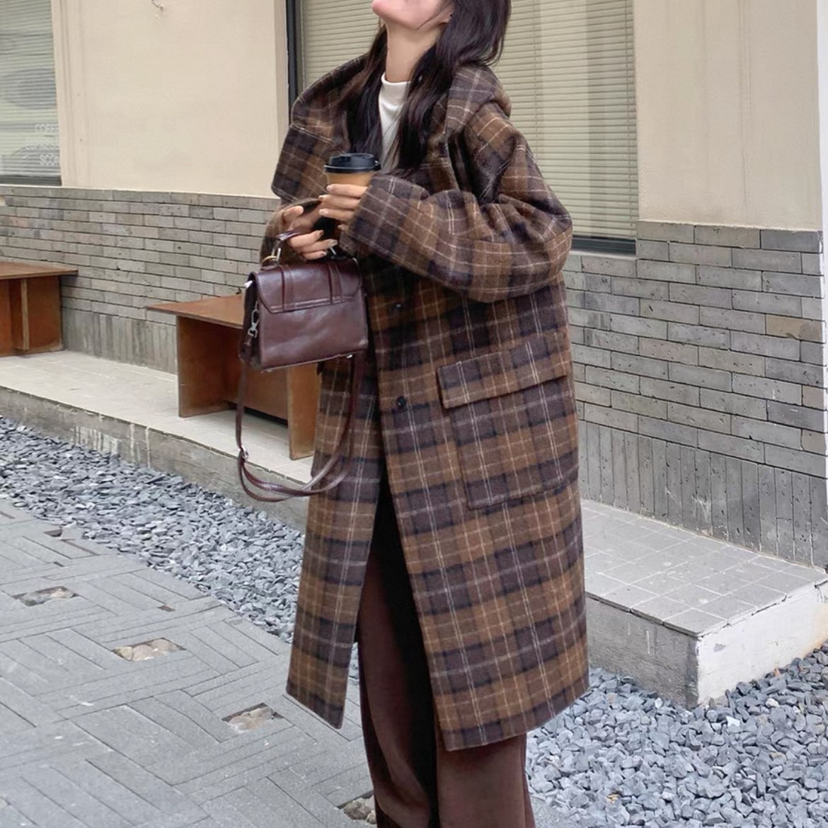 2025韩版千金风连帽格子手工双面尼大衣