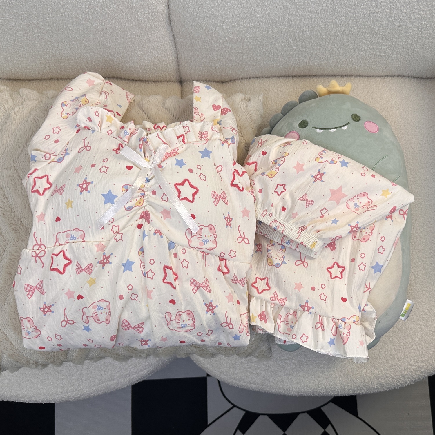 云朵棉纱感新款招财猫带胸垫睡衣女夏季短袖短裤可爱家居服可外穿