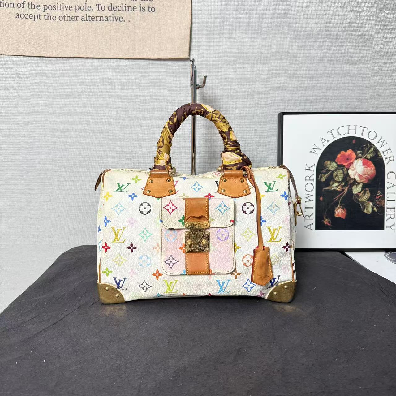 95新 LouisVuitton/路易威登 lv白三彩speedy30/单肩包/手提包