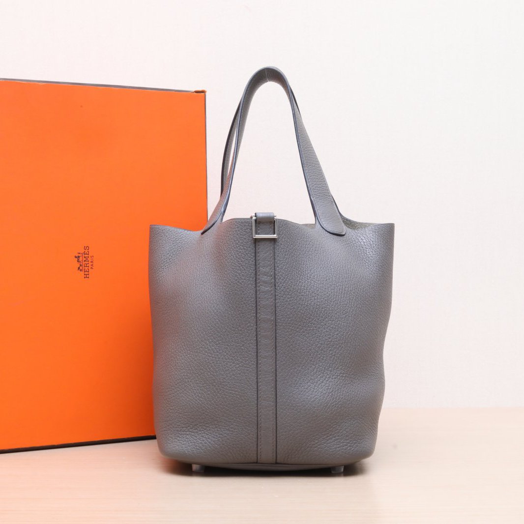 95新 Hermes/爱马仕 小花6花 22 菜篮子 锡器灰 TC皮 C刻 银扣 