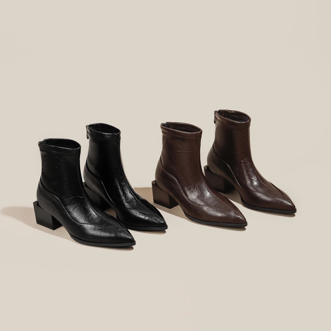 爆款尖头切尔西女靴粗跟新款秋冬中跟瘦瘦靴软底百搭中跟短靴6810