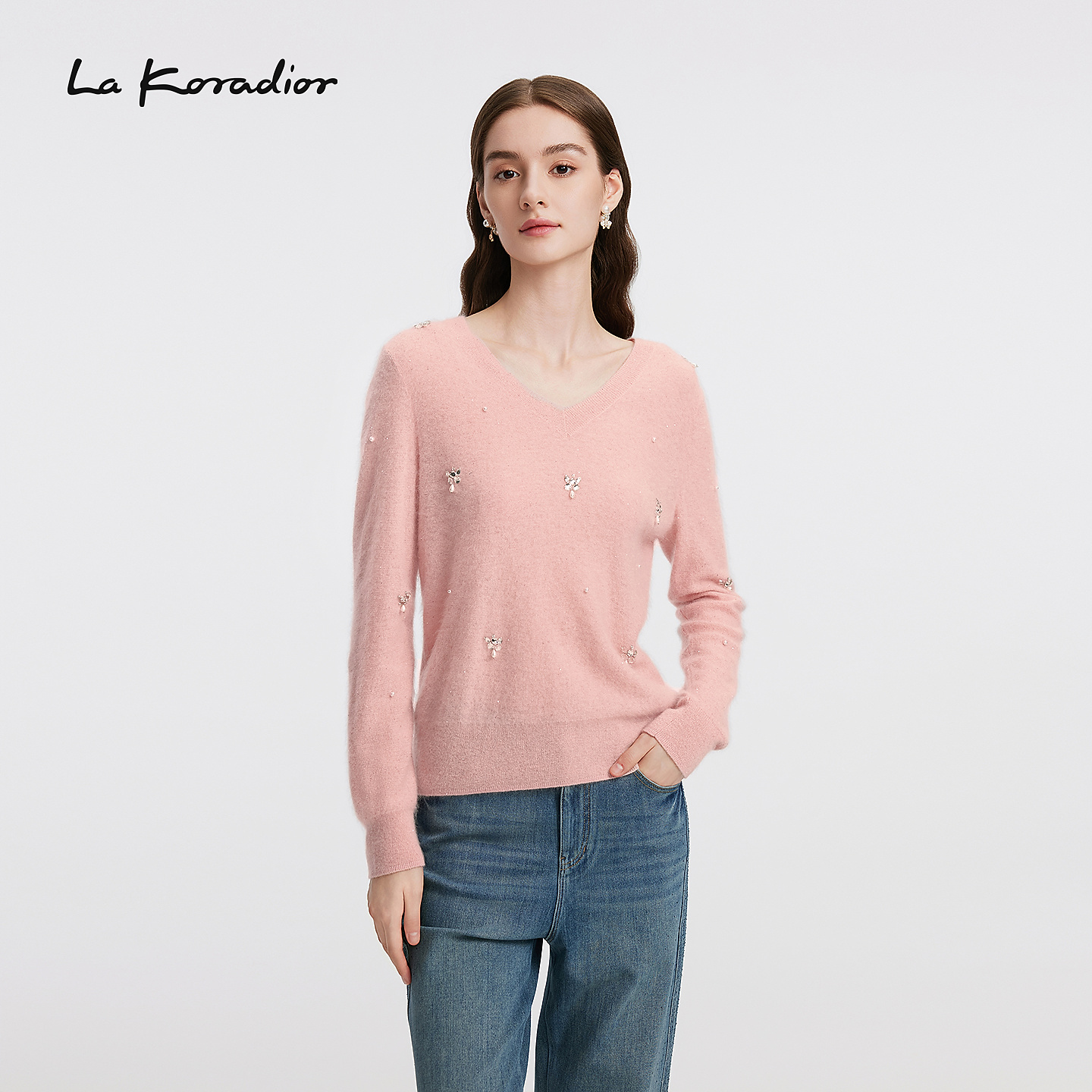【商场同款】Lakoradior拉珂蒂秋新款气质V领重工钉珠针织衫