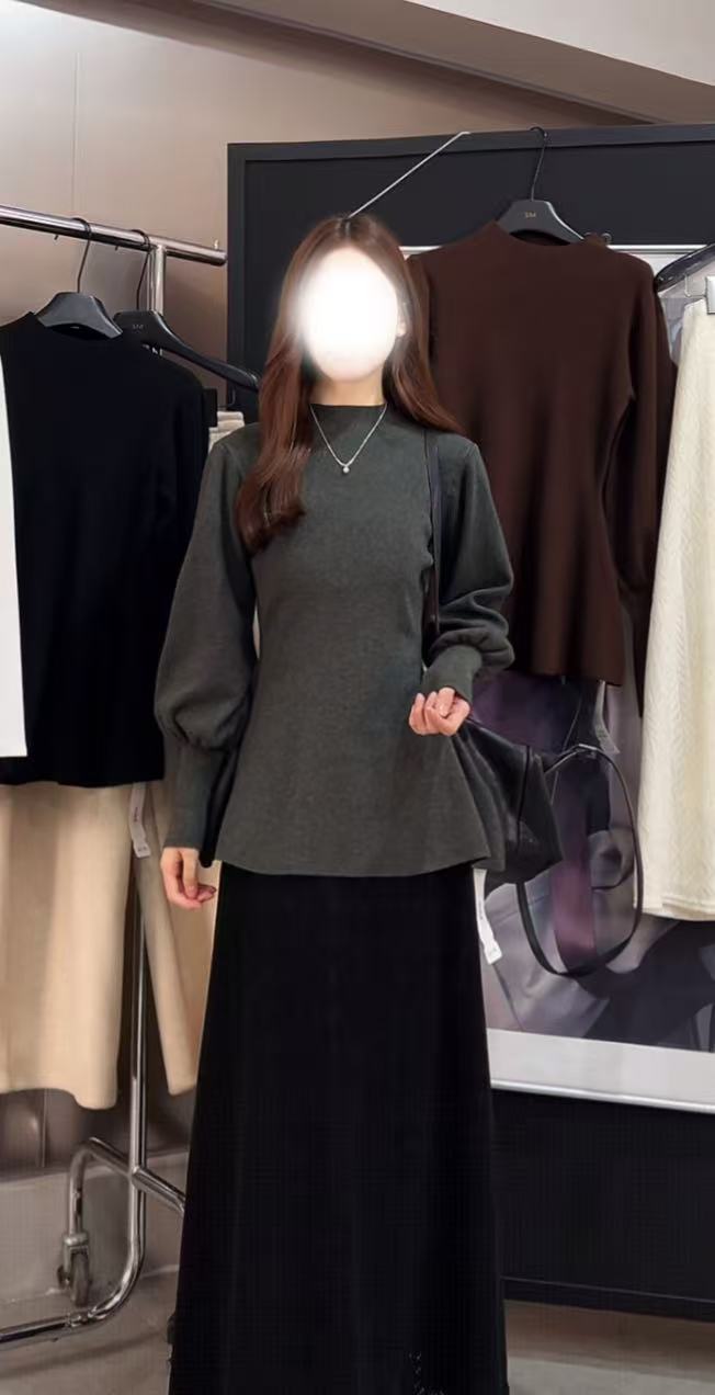 米满满-SM（11215#）法式泡泡袖半高领针织上衣 