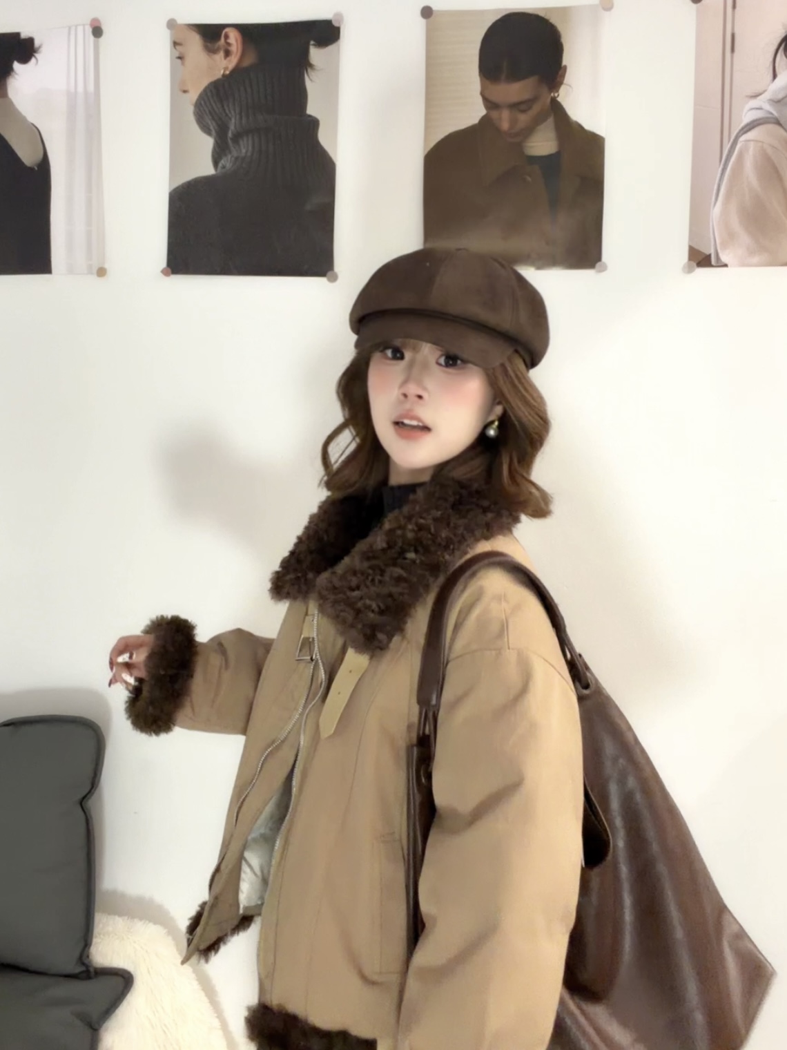 【朵朵家】韩系精致百搭翻领毛毛派克服外套