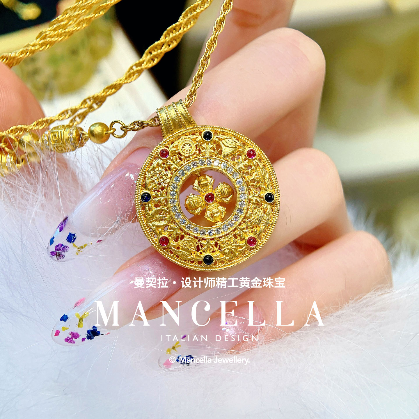 曼契拉足金999【金刚杵八宝罗盘】 古法古精美吊坠（工费41/克）H087