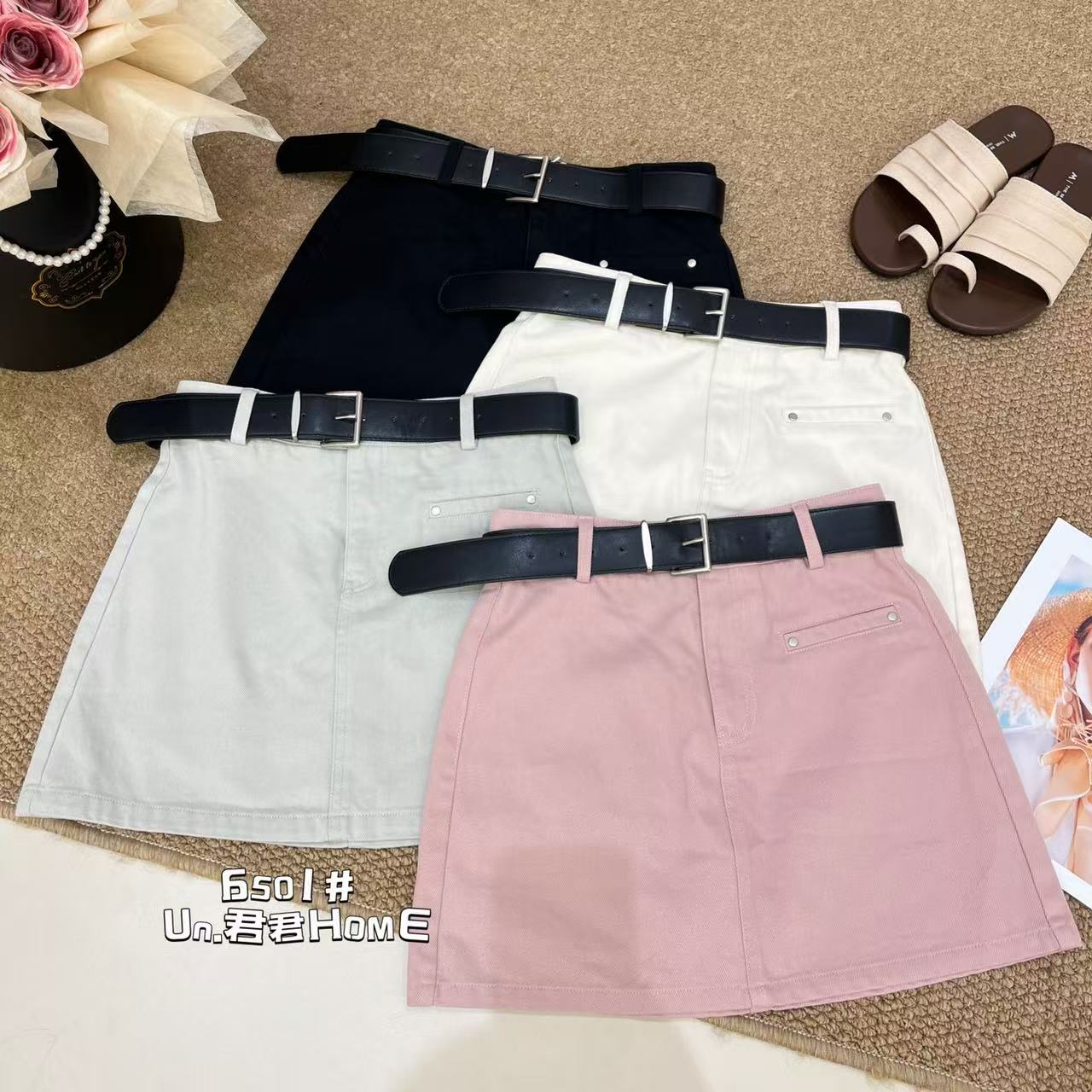 君君家【无皮带】6501韩版高腰遮跨显瘦防走光A字无弹牛仔短裙