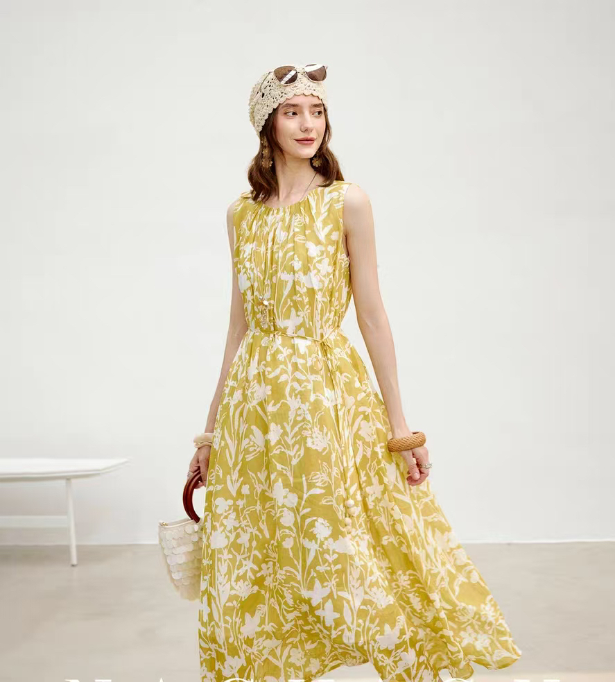 新款苎麻度假风无袖连衣裙96896