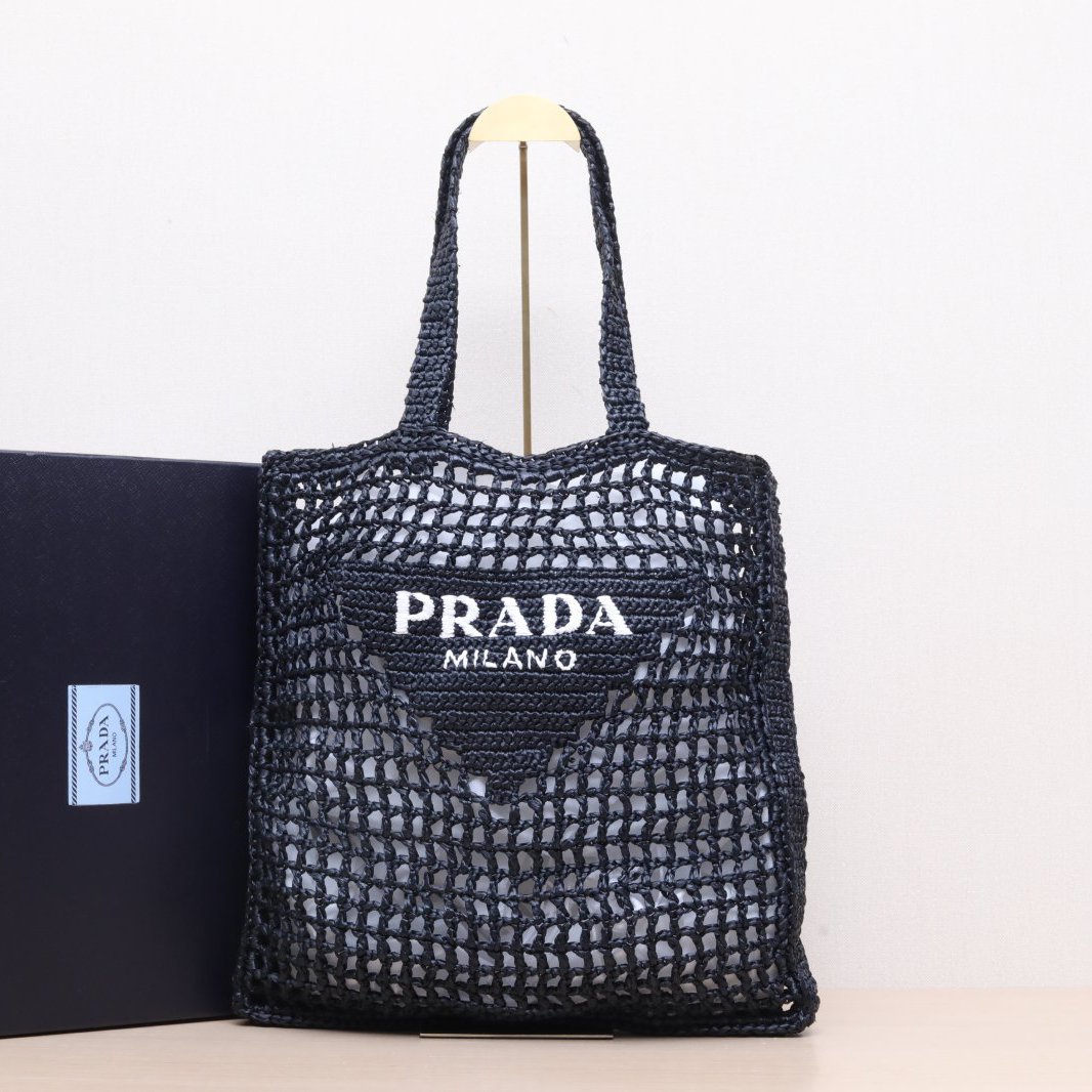 99新 Prada/普拉达 黑黑精选 黑色 拉菲草 镂空 竖版购物袋