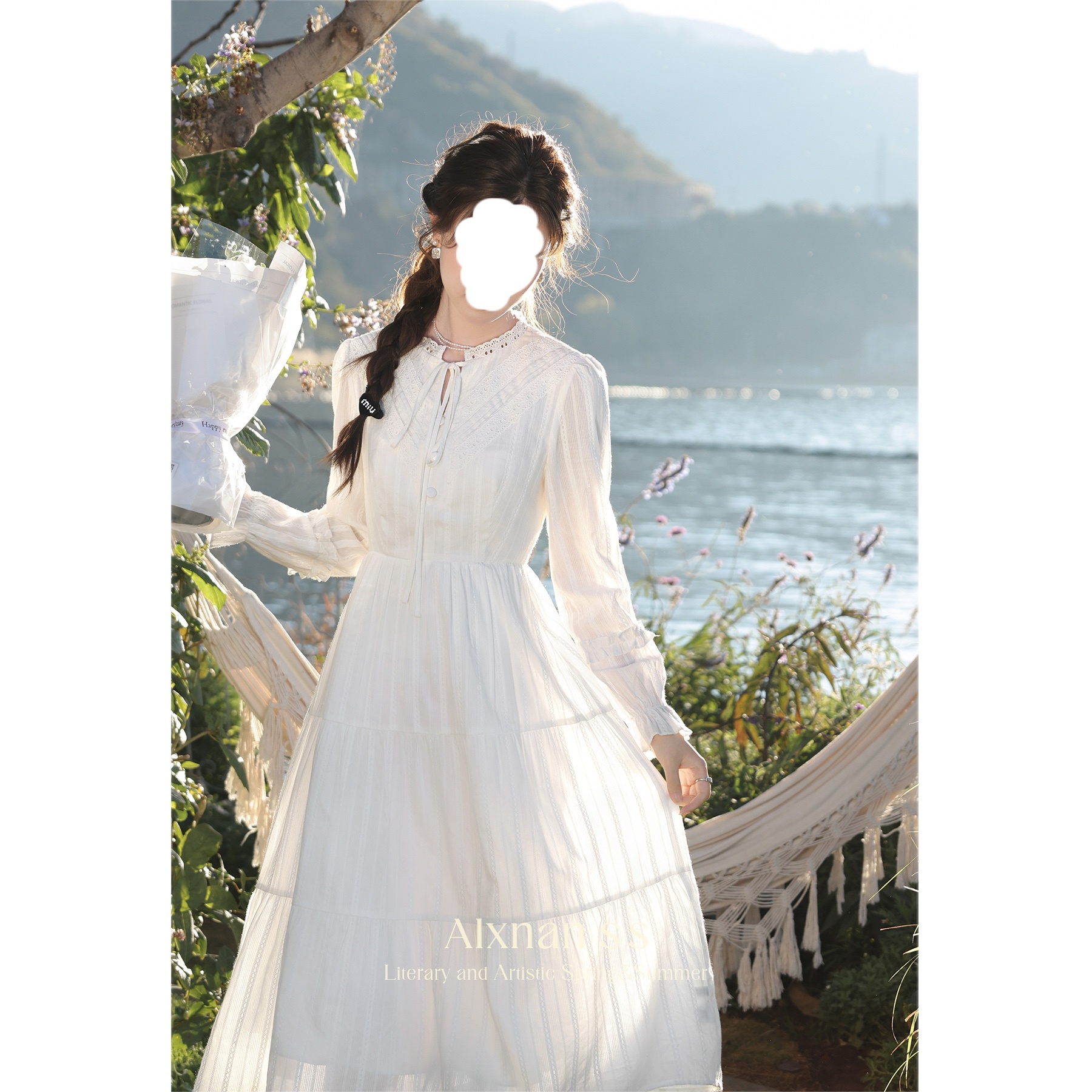 现货【品牌撤柜款ZB】大码女装法式白色长袖连衣裙D01709