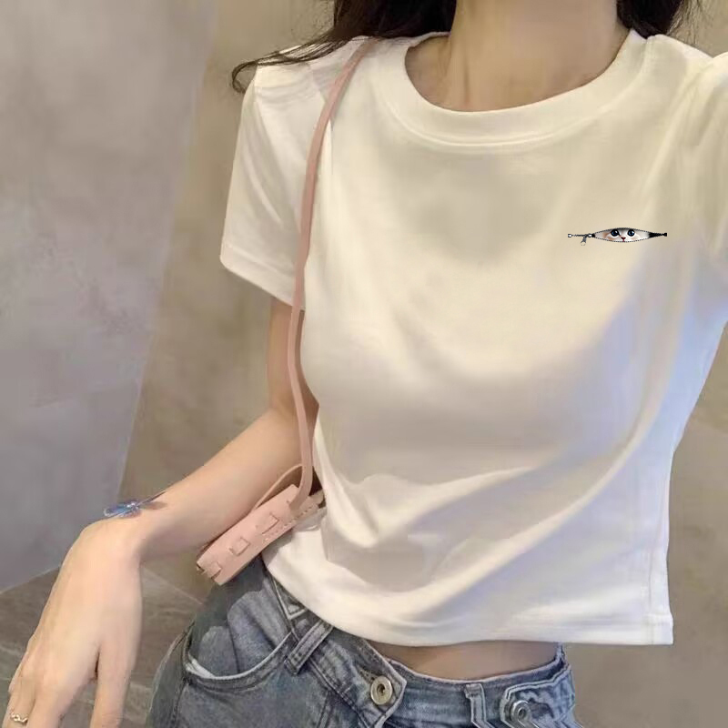 夏季简约猫咪印花白色短款t恤女2025新款欧货修身高腰露脐上衣ins