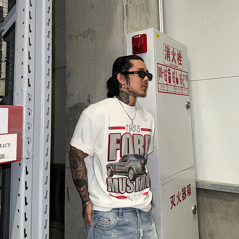 白鹤大人重磅360g美式野马汽车宽松ins男t恤时尚男女纯棉情侣半袖