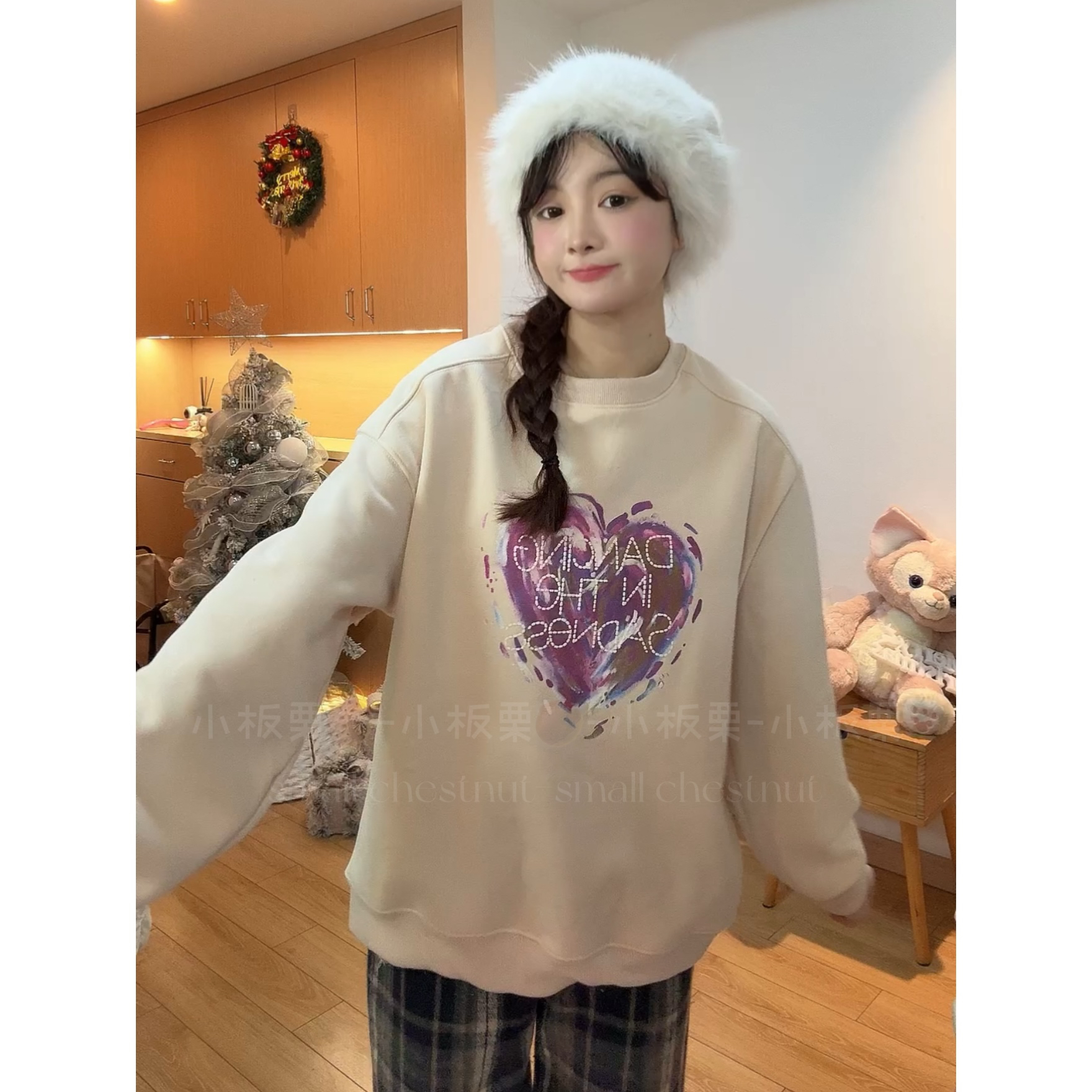 【小板栗自制】“加绒卫衣”粉紫色爱心加绒加厚款休闲风保暖卫衣女