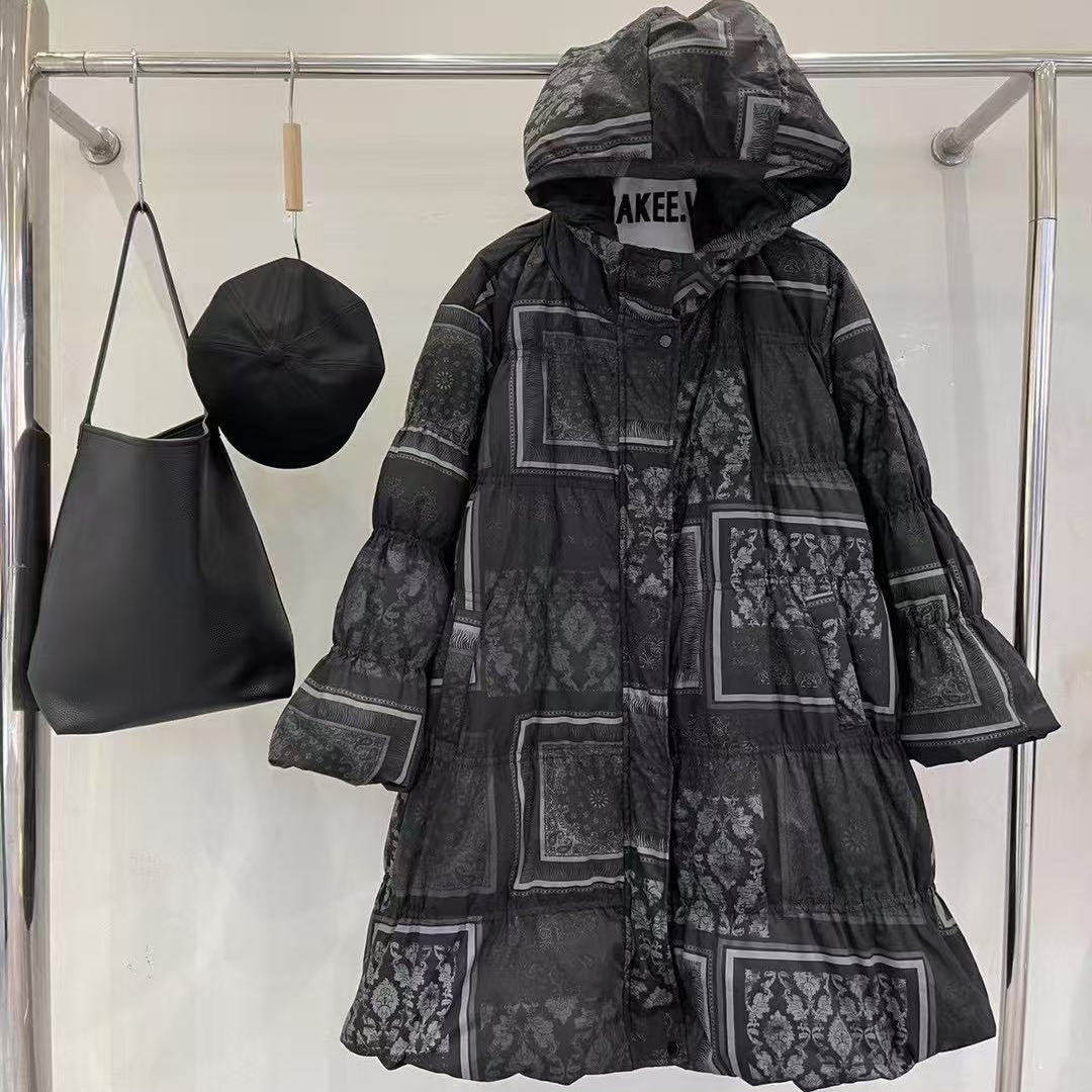猫迷森林正品后山一合中长款80鸭绒羽绒服连帽复古印花斗篷款4199
