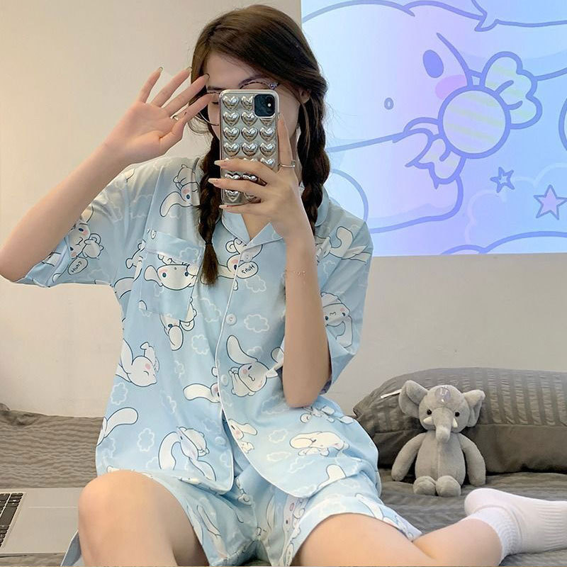 甜美可爱玉桂狗少女士睡衣夏季短袖短裤开衫宽松家居服套装云朵