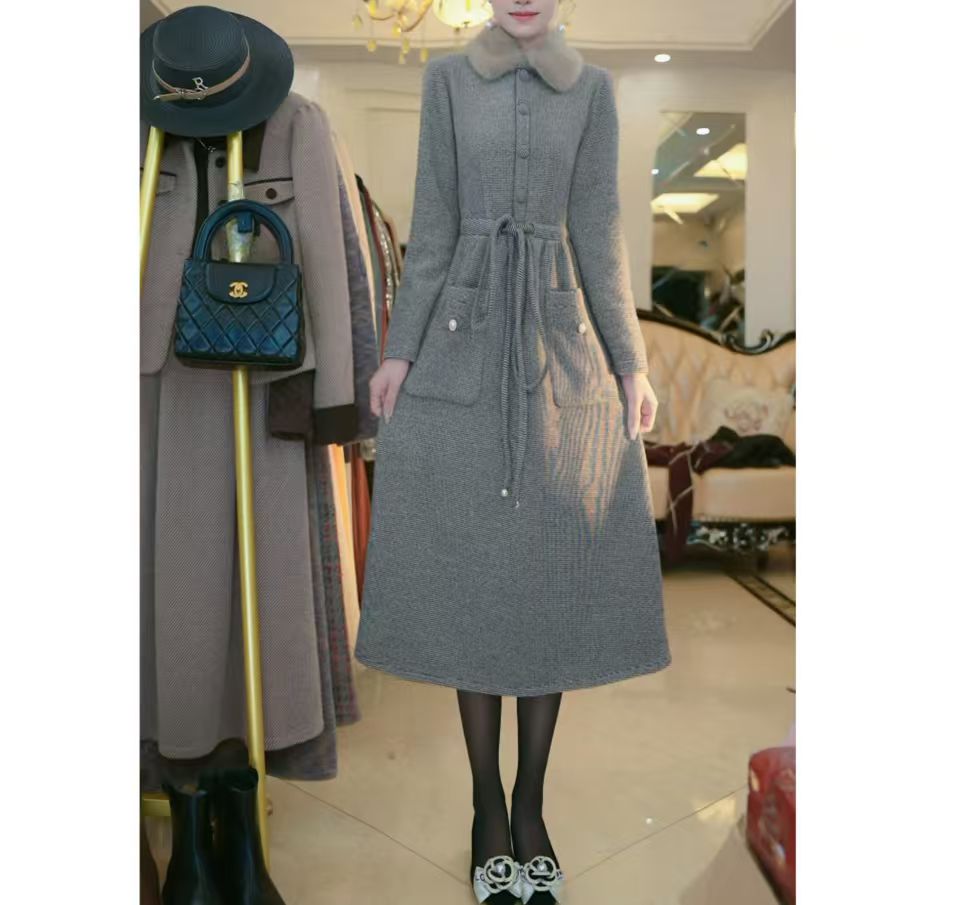 常规休闲风A字裙百搭显瘦连衣裙纯色加厚时尚中腰设计师潮牌