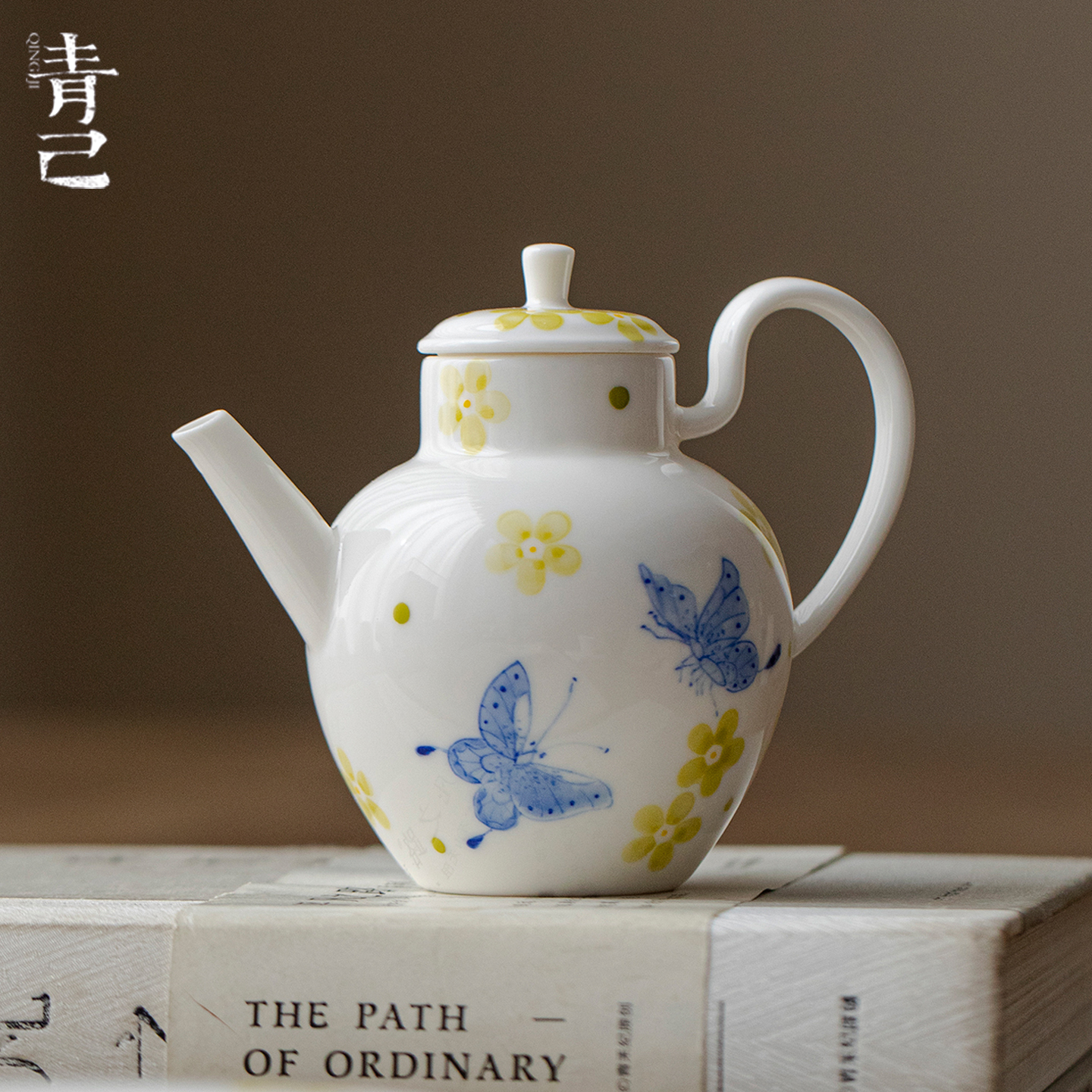 青己玉泥白瓷蝶戏幽梅茶壶茶具功夫茶具家用球孔过滤泡茶壶手执壶