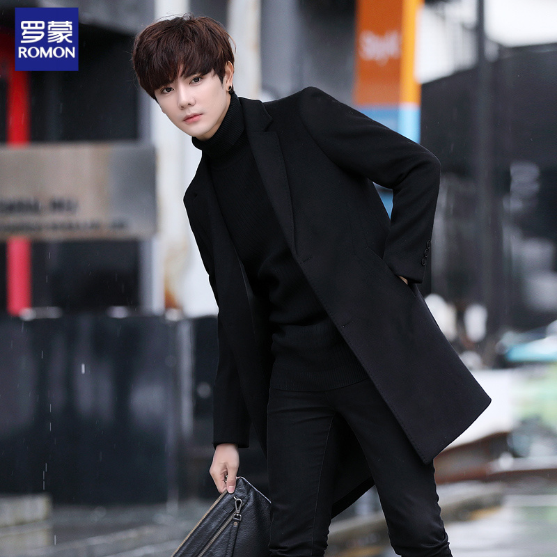 罗蒙秋冬毛呢大衣男士中长款西装呢子外套男青年韩版修身加厚风衣