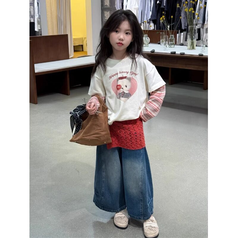 【现货】2025秋时髦小熊印花假两件女童打底衫 D709 709 W B