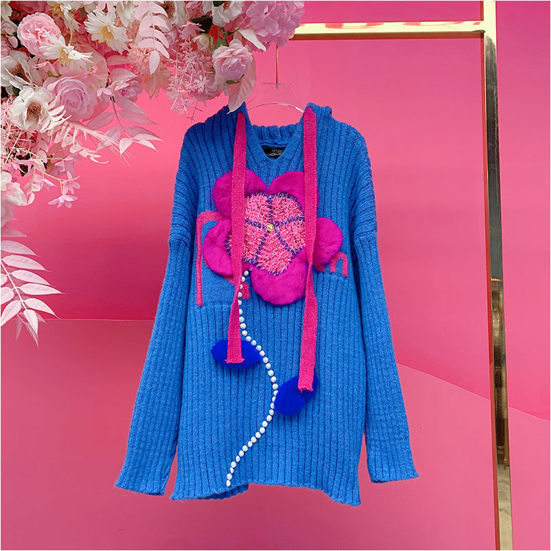 A5206欧美设计师2025冬季新款重工刺绣亮片拼兔毛花朵连帽针织衫