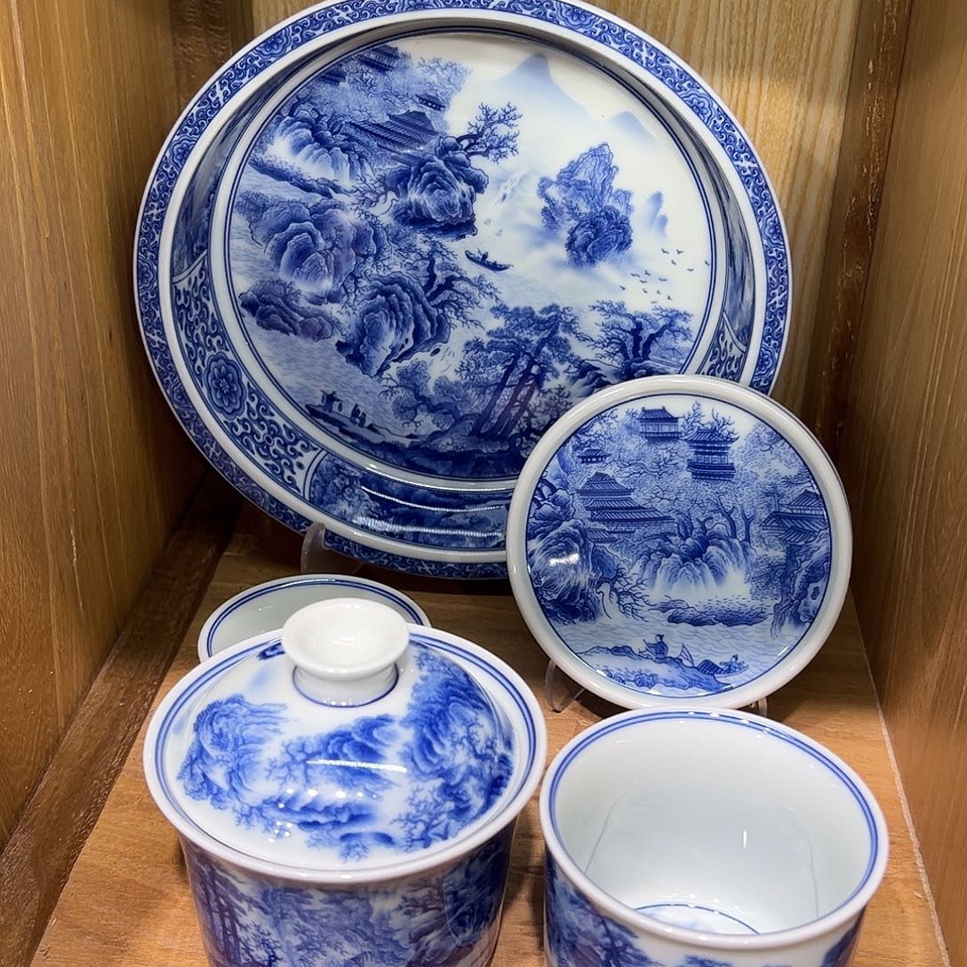 阿***鹏青花春山图5件套茶具