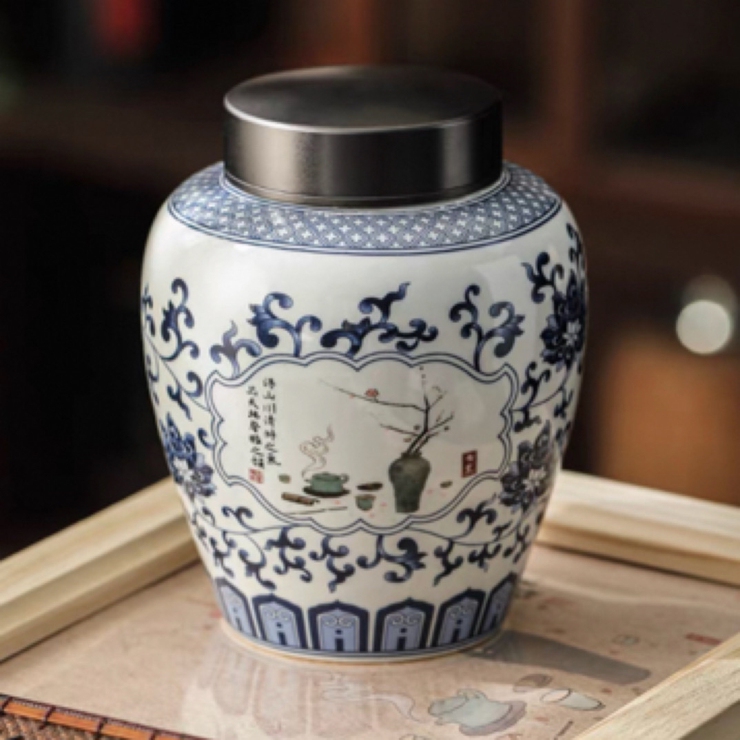 当代 古韵青花双层螺纹盖中式复古陶瓷密封罐茶叶存茶罐一罐多用