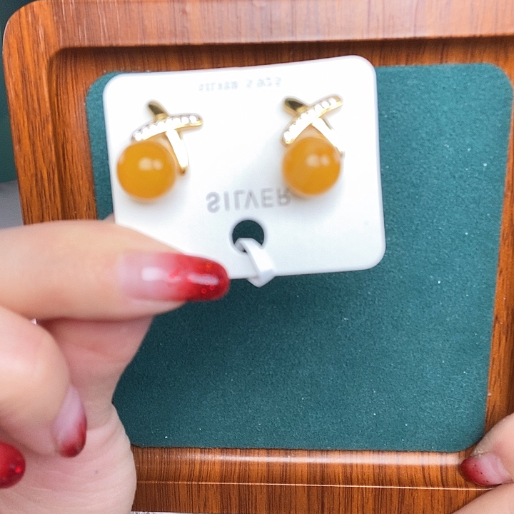 蜜蜡耳饰银S925镶嵌耳钉