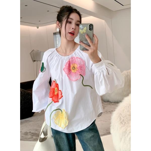 【双花伴夏】重工精致贴花植物时髦休闲度假衬衫氛围精致上衣Y9459