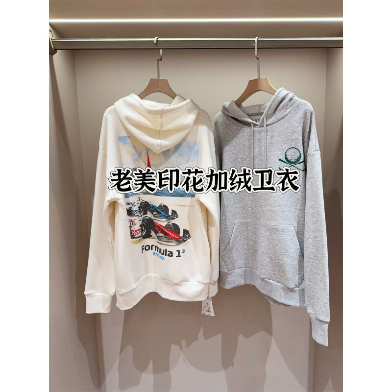老美单  前后印花连帽加绒宽松卫衣情侣款