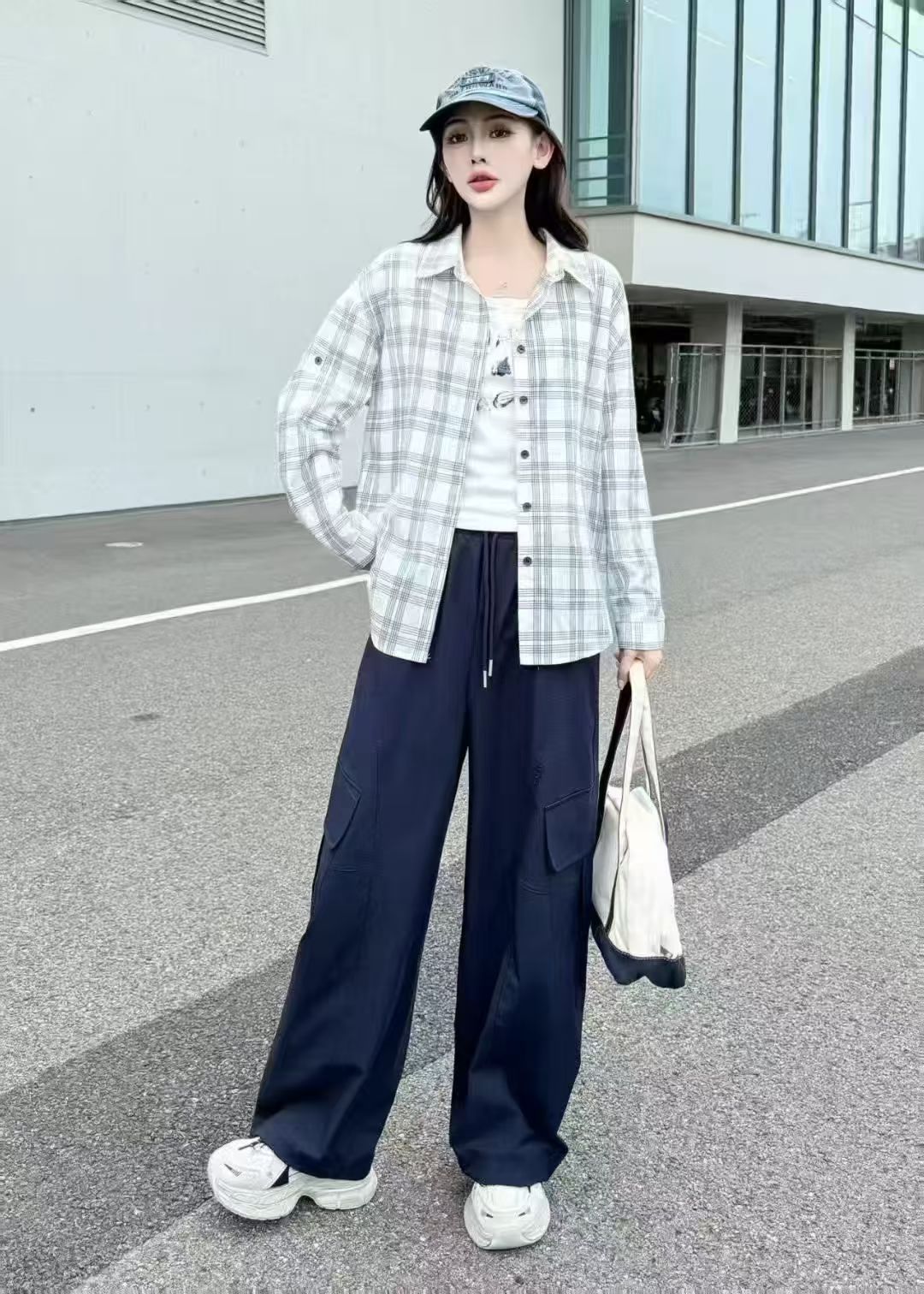 秋季新款格子衬衫阔腿裤时尚减龄休闲套装