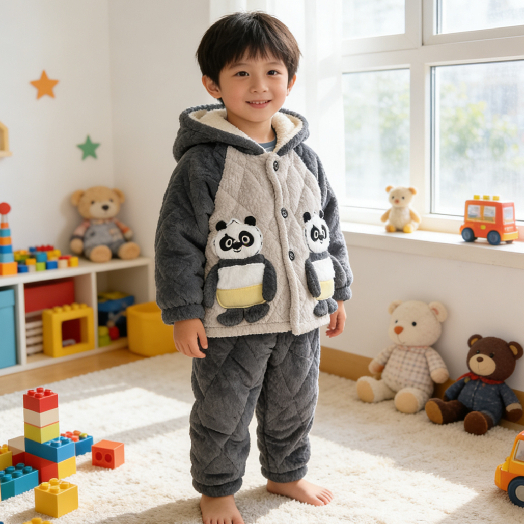 冬季睡衣男孩加厚款法兰绒三层夹棉宝宝小孩儿童家居服套装熊猫款